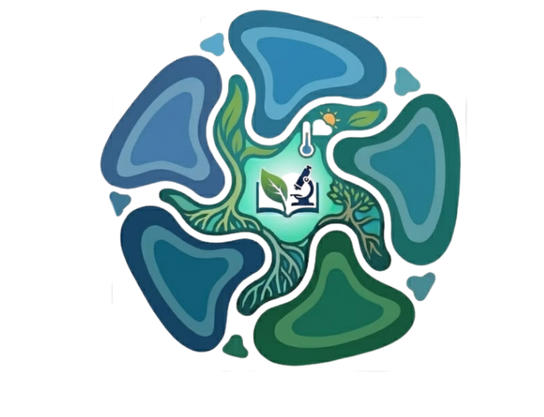 Logo da Rede Lagoas Vivas, com ilustração de lagoa, árvores, biodiversidade e pesquisa científica